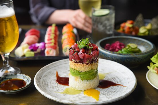 Blue Sushi Sake Grill signature dishes Various specialty sushi rolls (e.g., Hotel Cali Roll, Tidal Wave Roll), Tuna Tower, River Rock Beef.